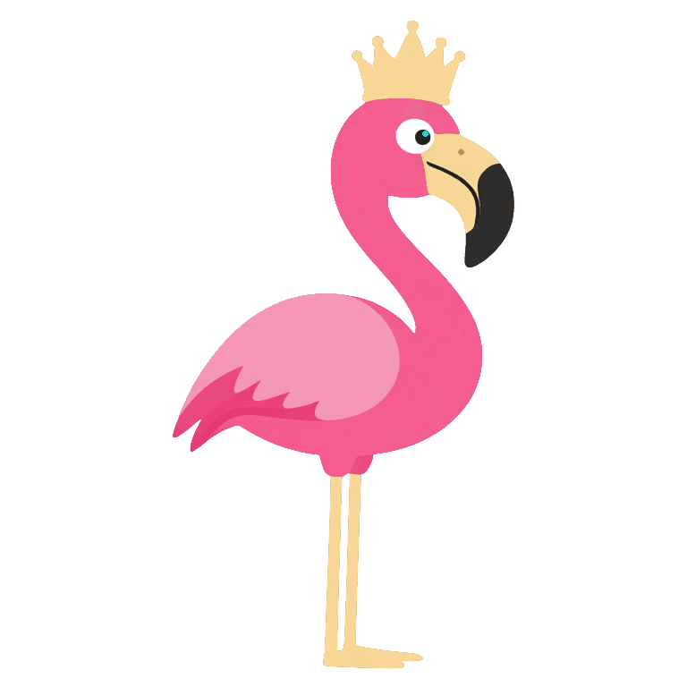 Lola, the crowned flamingo who hosts Soltara