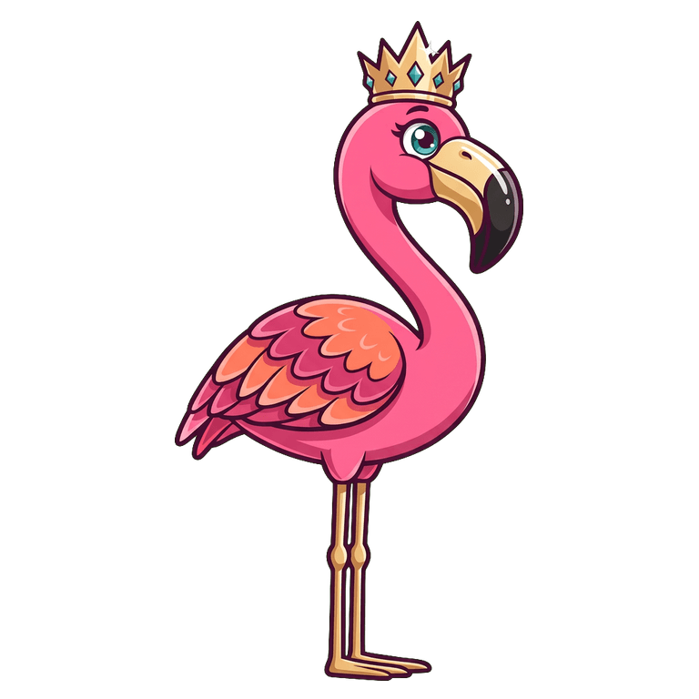 Lola, the crowned flamingo host of Soltara