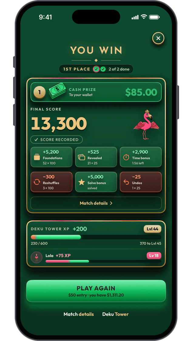 A finished Soltara tournament: You Win, 1st place, an $85.00 cash prize to your wallet
