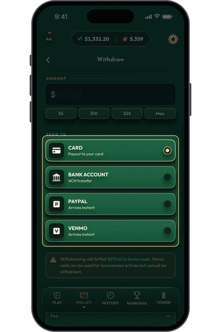 The Soltara withdraw screen: card, bank account, PayPal and Venmo payouts